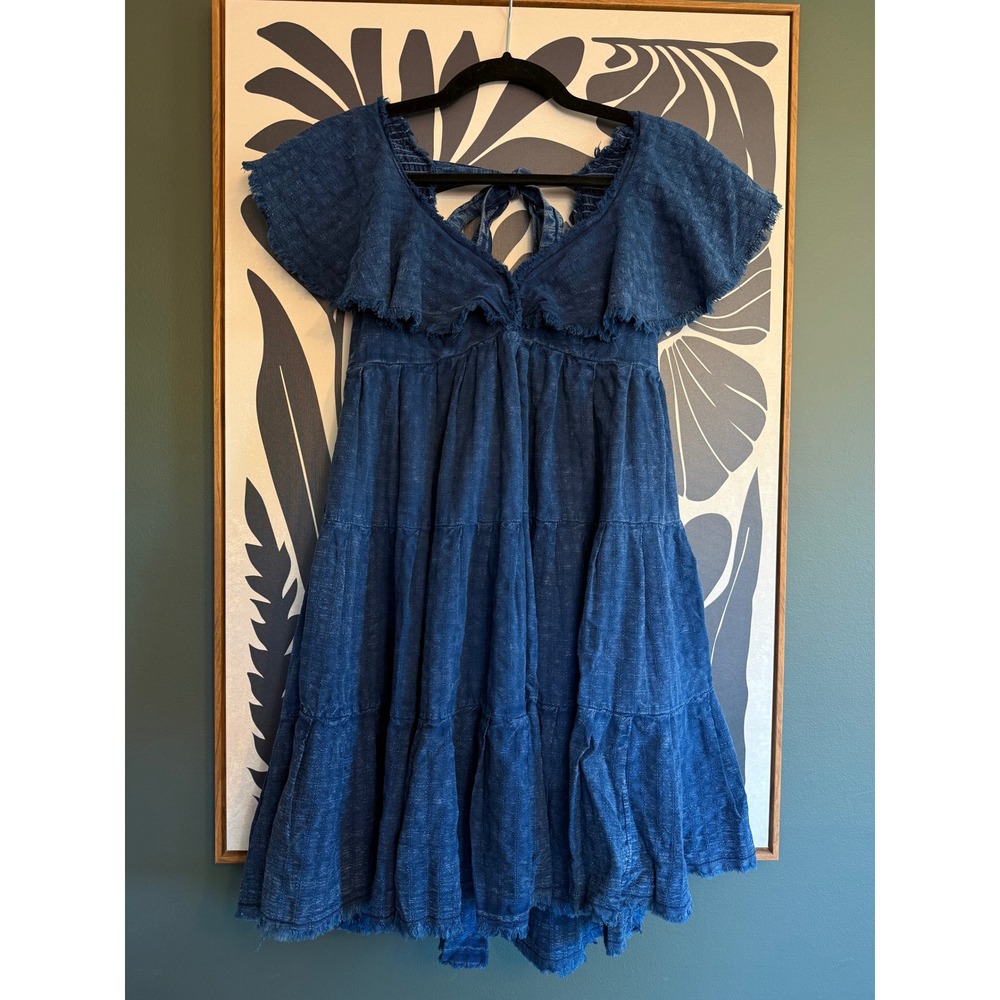 NWT Free People Undone Mini Dress Indigo Blue Denim Tiered Cotton Boho XS